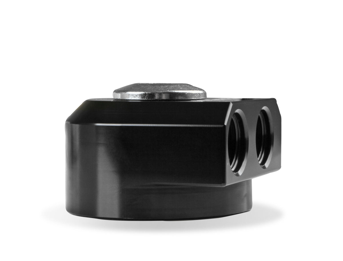 Earls Remote Oil Filter Adapter - 90 Degree Ports, Billet Aluminum w/ Hardware, Fits Oil Filters w/ 3/4"-16 threads & w/ 2-3/4" Diameter Gasket , Use w/ -10 AN O-Ring Port Adapters.