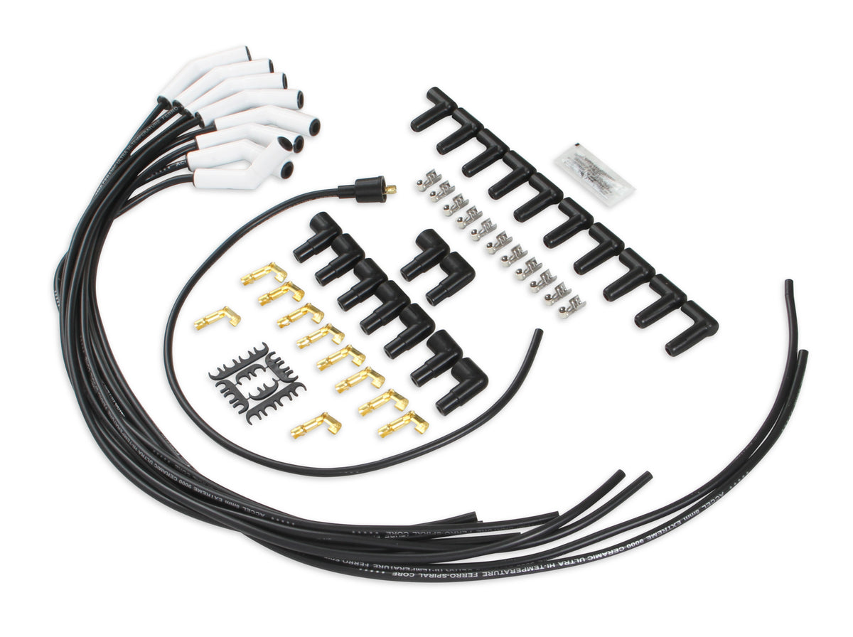 Spark Plug Wire Set - Universal - 135 Deg White Ceramic Boots - 9002C, Spark Plug Wires, Pro Fit Ceramic, Spiral Core, 8mm, Black, Set