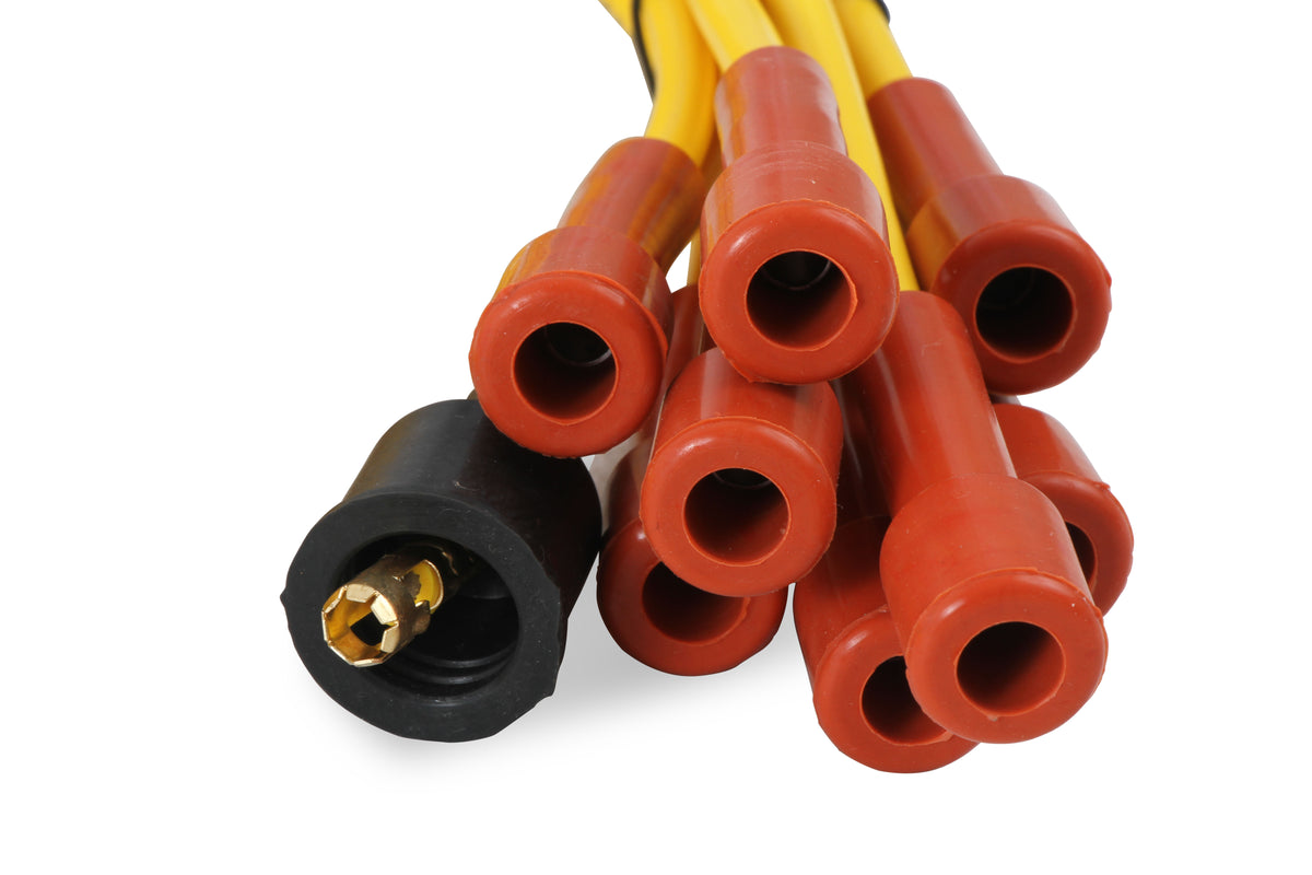 Spark Plug Wire Set- 7mm-Super Stock-Copper Core-Universal Straight Boots-Yellow - 3008 universal fit super stock spark plug wire sets have a spiral core with yellow silicon coating and are 7mm.