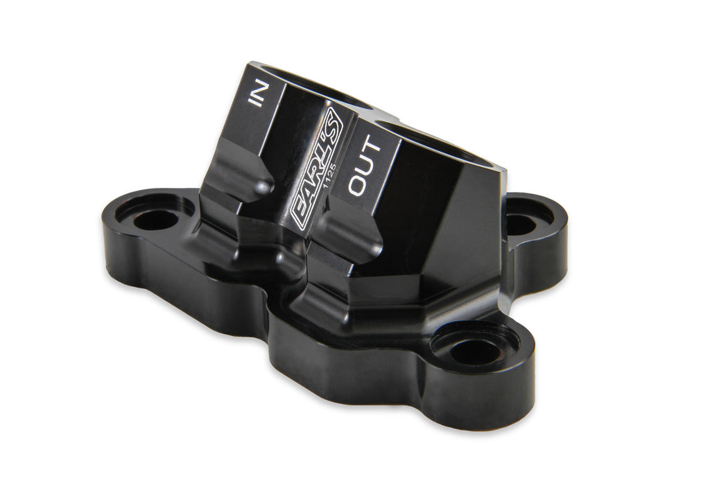 Earls Oil Filter Adapter for 2011-'14 Ford 5.0L Coyote Engine, Black Anodized, 10 AN O-Ring Ports