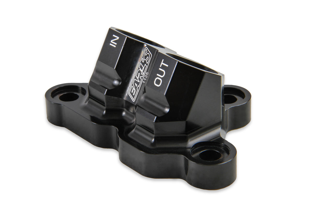 Earls Oil Filter Adapter for 2011-'14 Ford 5.0L Coyote Engine, Black Anodized, 10 AN O-Ring Ports