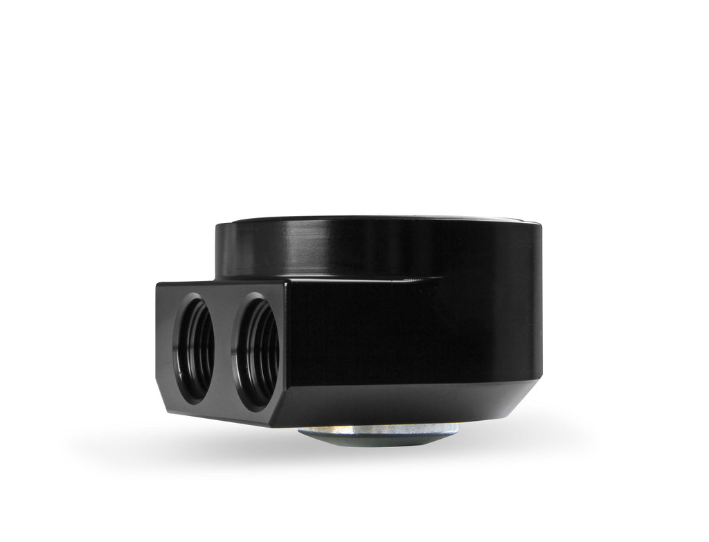 Earls Remote Oil Filter Adapter - 90 Degree Ports, Billet Aluminum w/ Hardware, Fits Oil Filters w/ 3/4"-16 threads & w/ 2-3/4" Diameter Gasket , Use w/ -10 AN O-Ring Port Adapters.