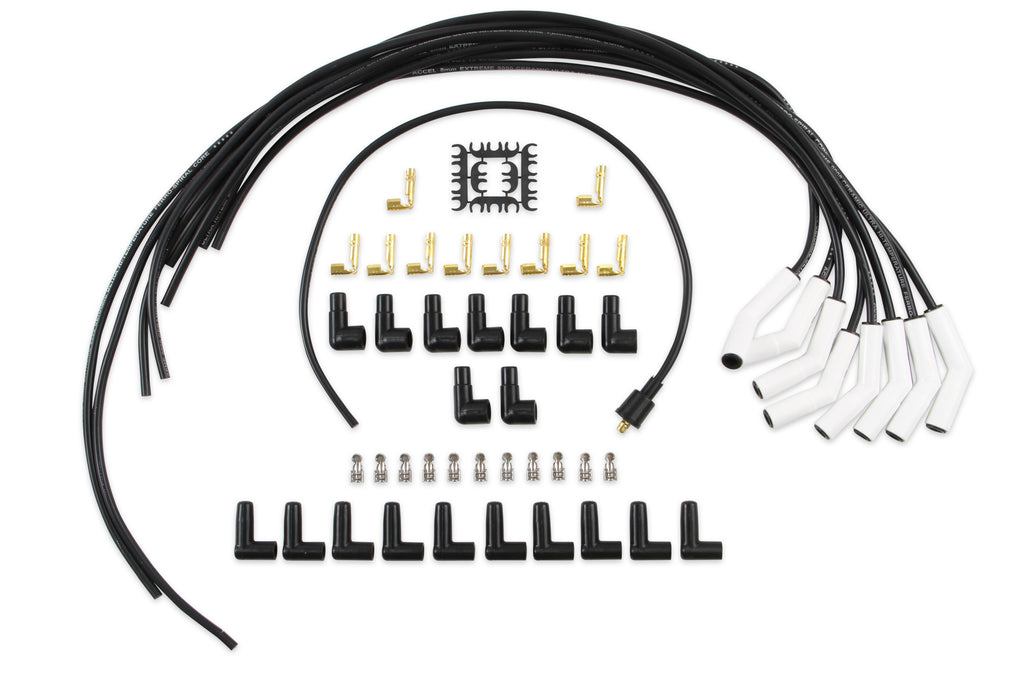 Spark Plug Wire Set - Universal - 135 Deg White Ceramic Boots - 9002C, Spark Plug Wires, Pro Fit Ceramic, Spiral Core, 8mm, Black, Set