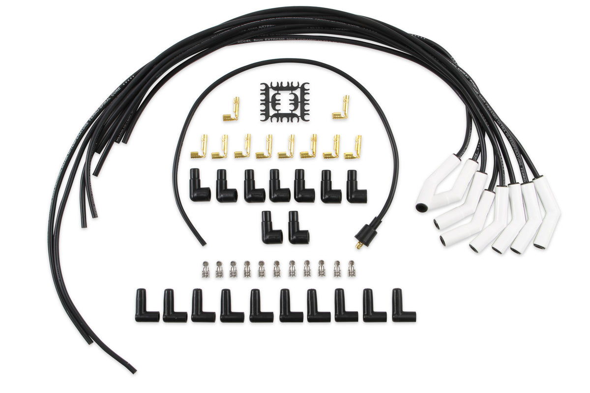 Spark Plug Wire Set - Universal - 135 Deg White Ceramic Boots - 9002C, Spark Plug Wires, Pro Fit Ceramic, Spiral Core, 8mm, Black, Set
