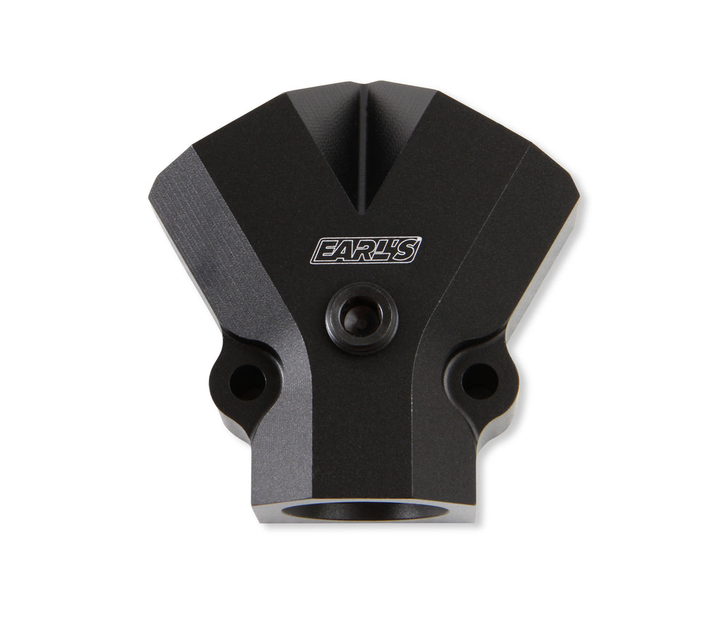 Fuel Distribution Block - Inlet 1/2" NPT and two 1/2" NPT Outlets. Black Anodized Aluminum.  1/8" NPT Gauge Port.