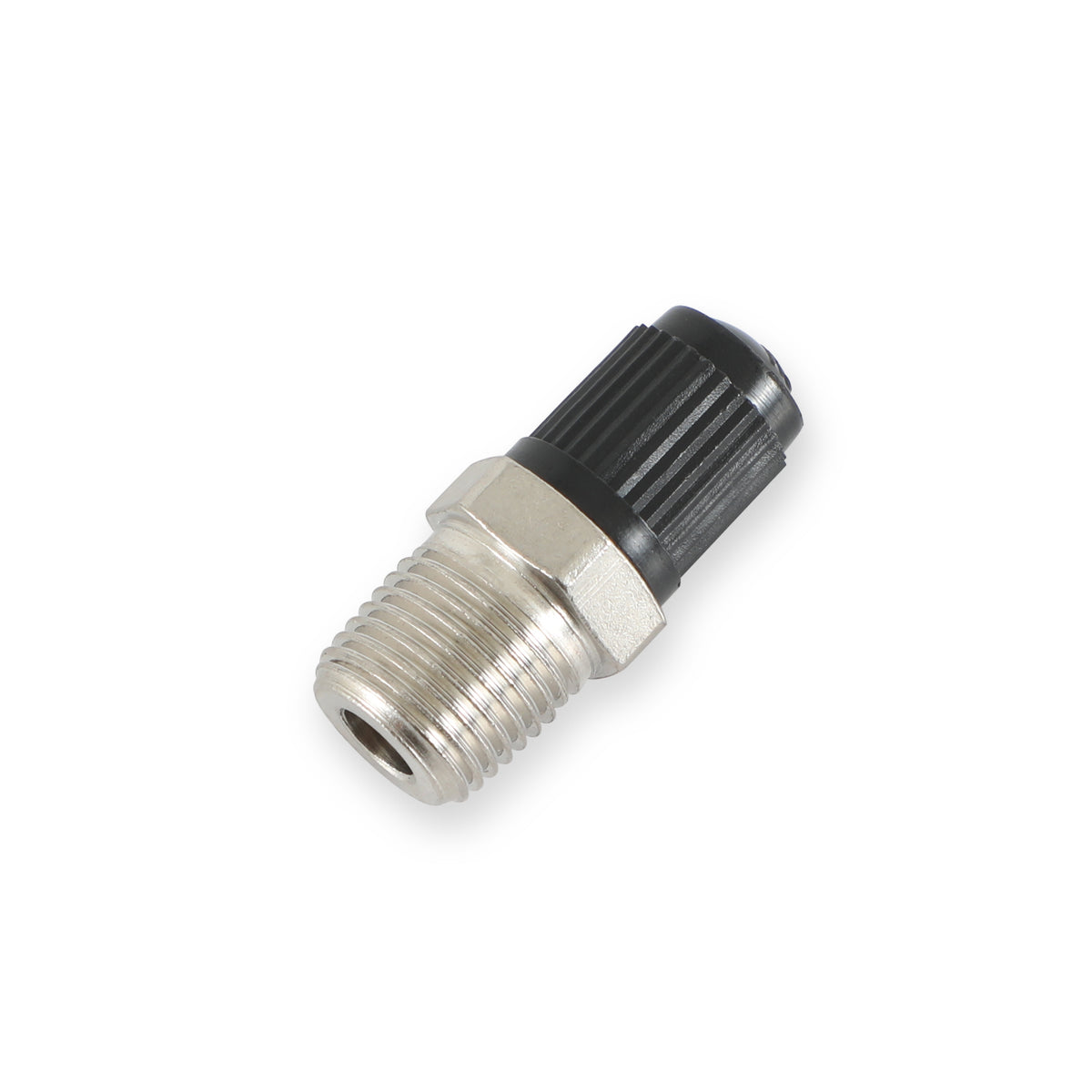 1/8" NPT Male Schrader Valve - on the end that screws into the adapter or fuel rail.  The thread size on the cap end is .305"-32.