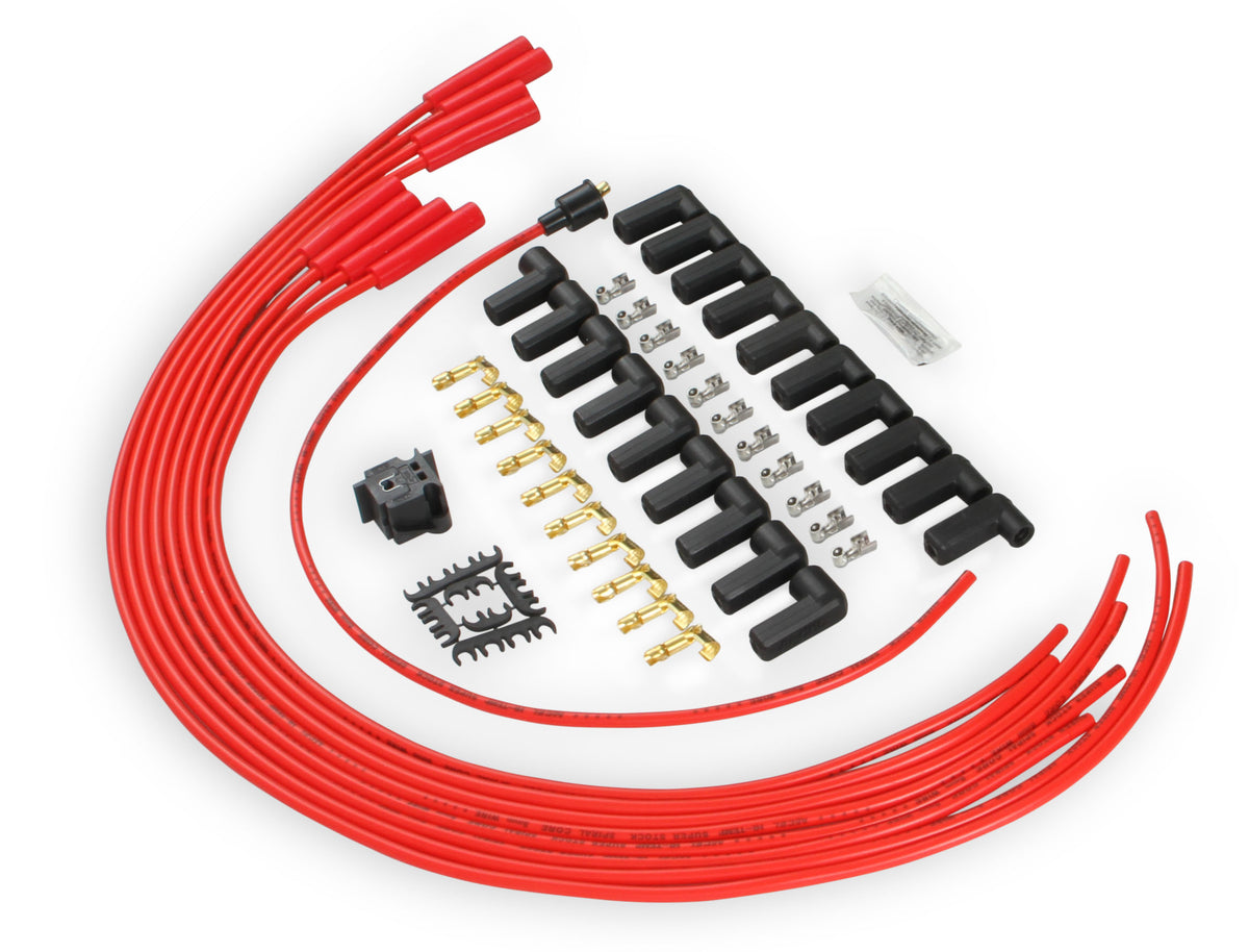 Spark Plug Wire Set - 8mm - Universal - Red Wire with Red Straight Boots - 5040R 8mm super stock universal fit spark plug wires feature a spiral core and red silicone jacket.