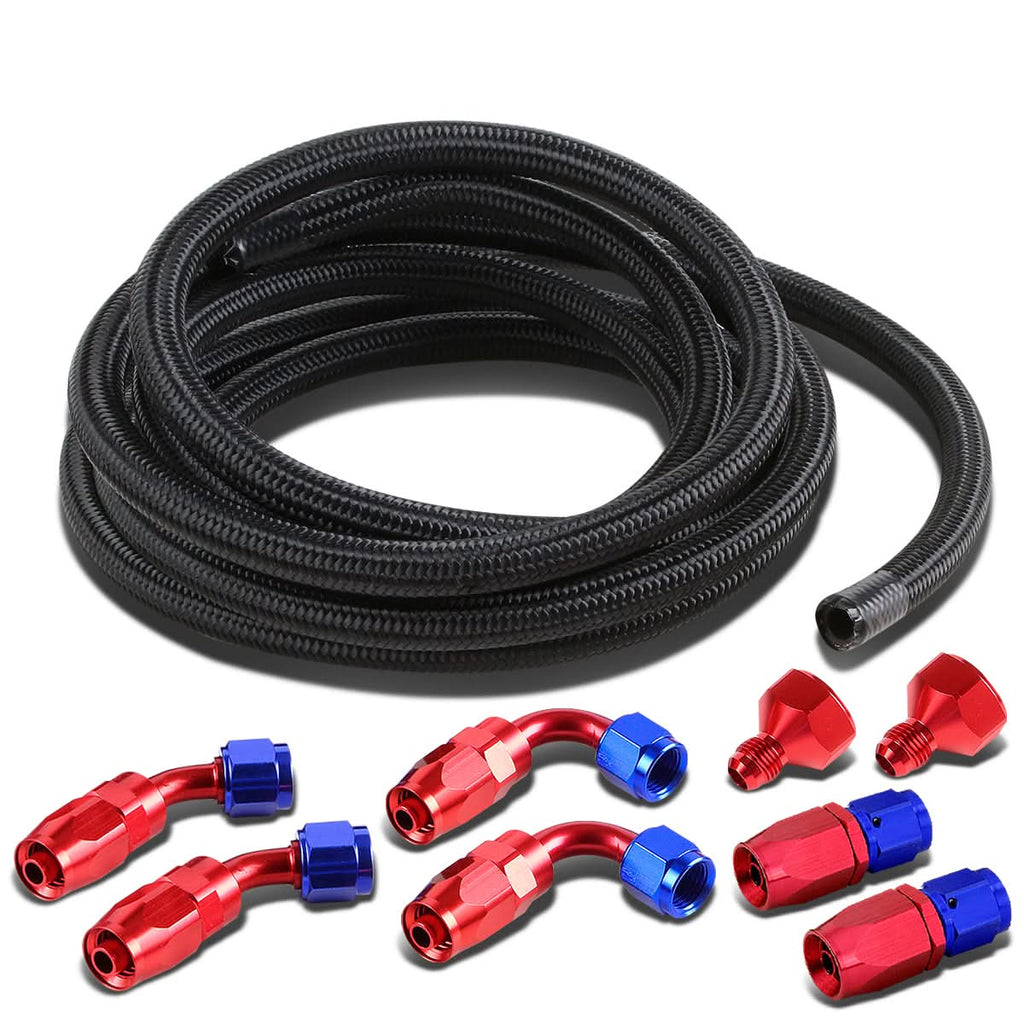 Universal Fuel Tank Fittings with Braided Stainless Steel Feed Return Line 10AN to AN6 - Black Nylon Stainless Steel