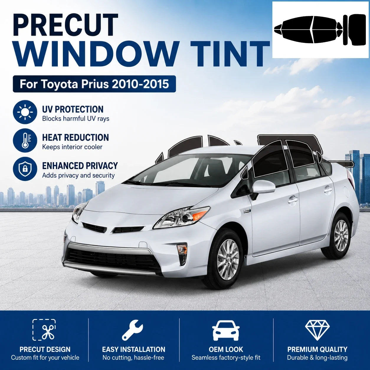Precut Window Tint Kit for Toyota Prius (2010–2015) | UV-IR Block & Privacy Film