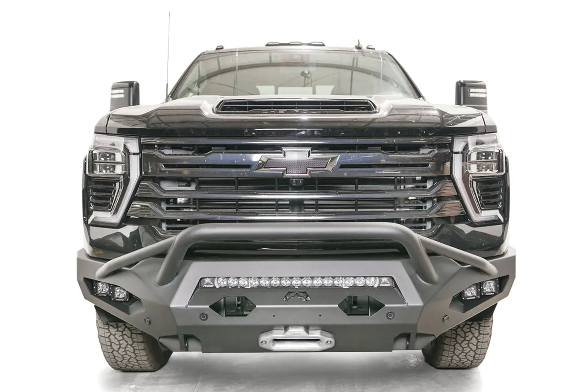 Fab Fours CH24-X6152-1 Pre-Runner Guard installed on Chevrolet Silverado HD; accessories shown sold separately