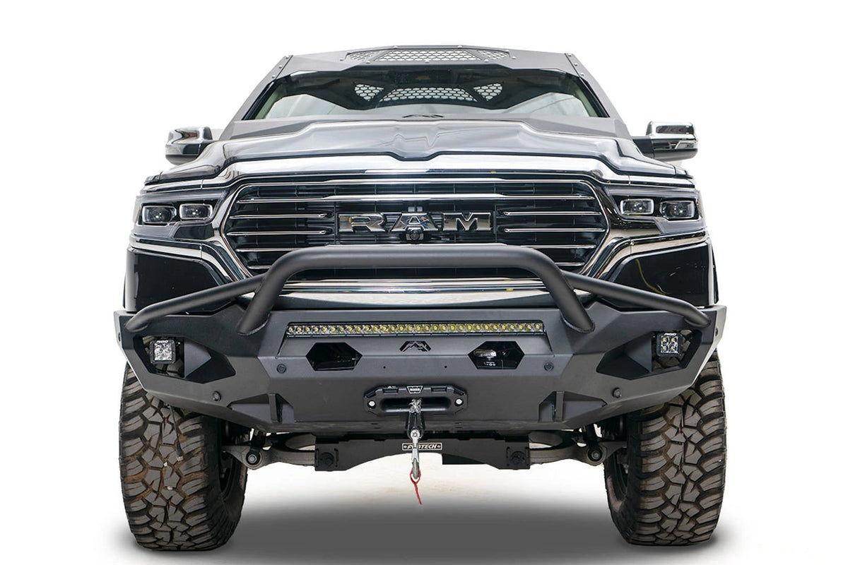 Fab Fours DR19-X4252-1 Matrix Pre-Runner front bumper on Ram 1500; pictured winch and lights sold separately