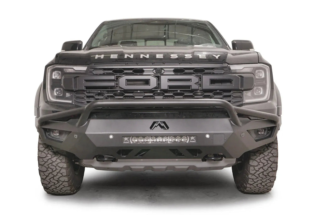 Fab Fours FR24-D6452-1 Vengeance Pre-Runner front bumper on 2024–2026 Ford Ranger Raptor; optional lighting shown