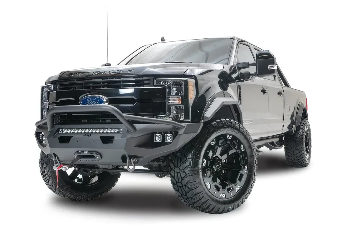 Fab Fours FS17-X4152-1 2017-2022 Open Fender Matrix / Pre-Runner Guard / Powder Coat front bumper; optional accessories shown