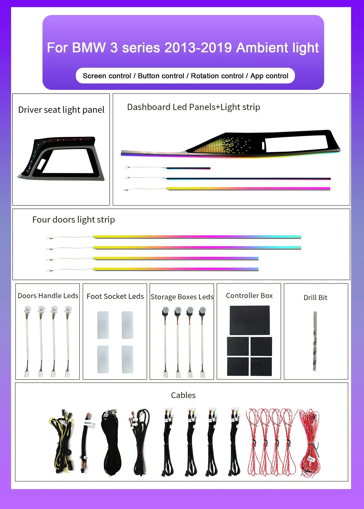 BMW 3 Series F30 RHD Interior 64-Color Dynamic Symphony LED Ambient Light Kit with Armrest Trim 2013 - 2019