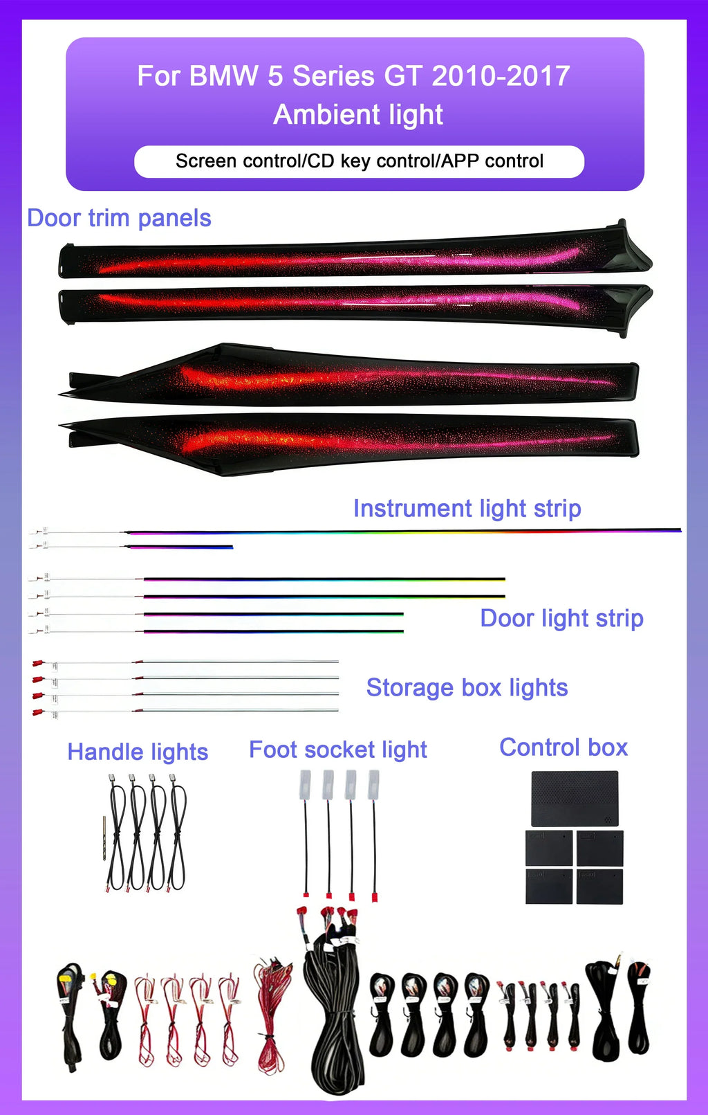BMW 5 Series GT F07 Interior 64-Color Dynamic Symphony LED Ambient Light Kit 2010 - 2017 (Replaces 63319163715)