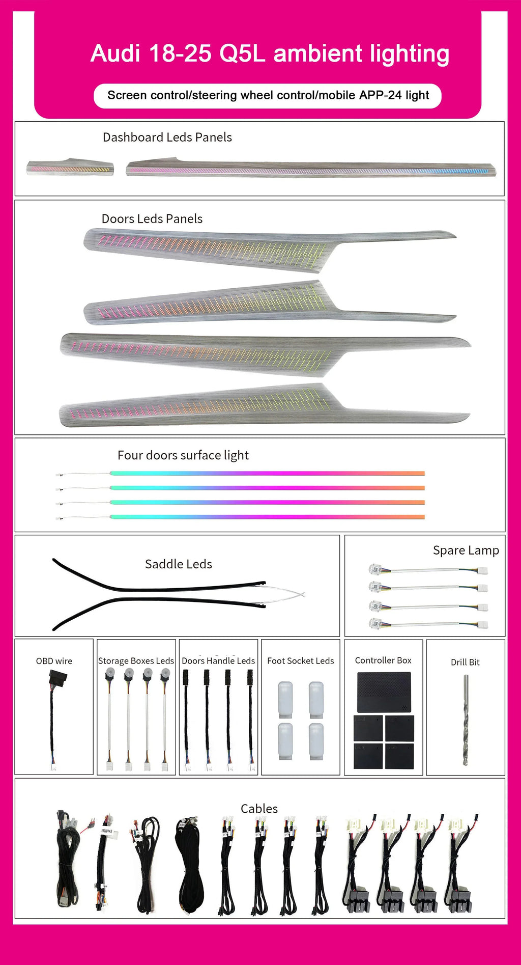 Audi Q5 / Q5L Interior 64-Color Symphony Rainbow LED Ambient Light Kit 2018 - 2025