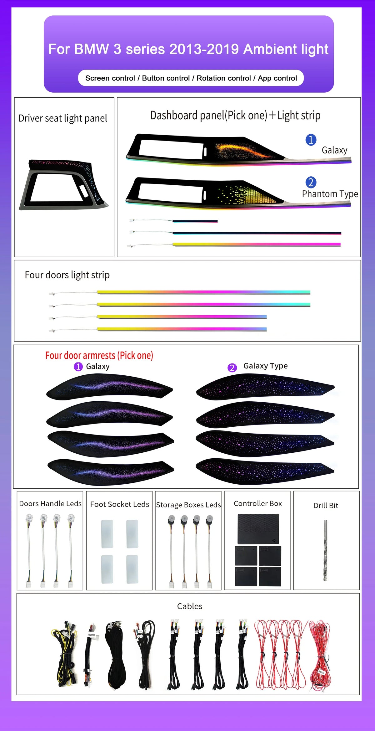 BMW 3 Series F30 RHD Interior 64-Color Dynamic Symphony LED Ambient Light Kit with Armrest Trim 2013 - 2019
