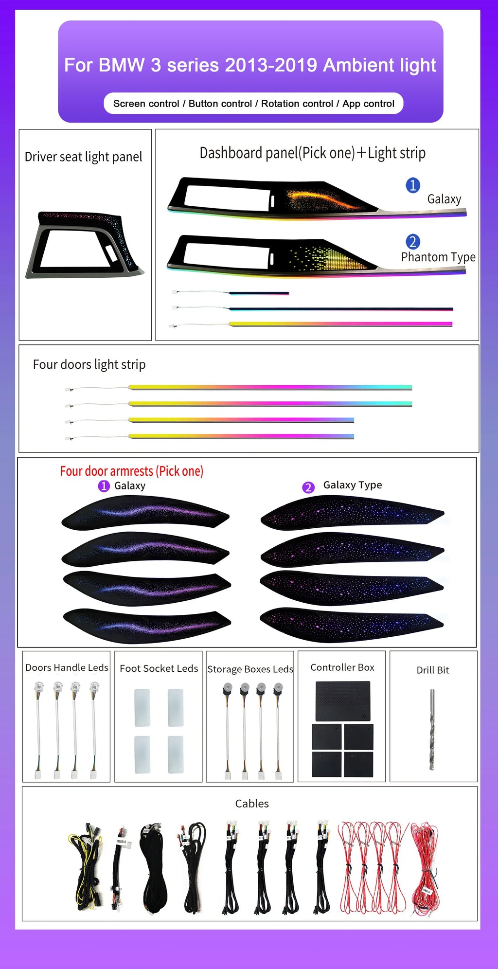 BMW 3 Series F30 RHD Interior 64-Color Dynamic Symphony LED Ambient Light Kit with Armrest Trim 2013 - 2019
