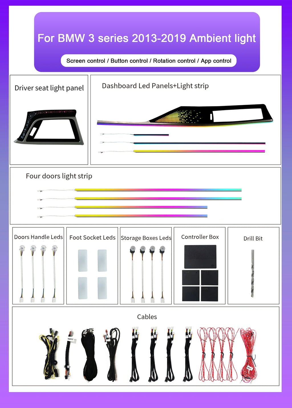 BMW 3 Series F30 / F34 / F35 LHD & RHD Interior 64-Color Symphony Starry Sky LED Ambient Light Kit 2013 - 2019