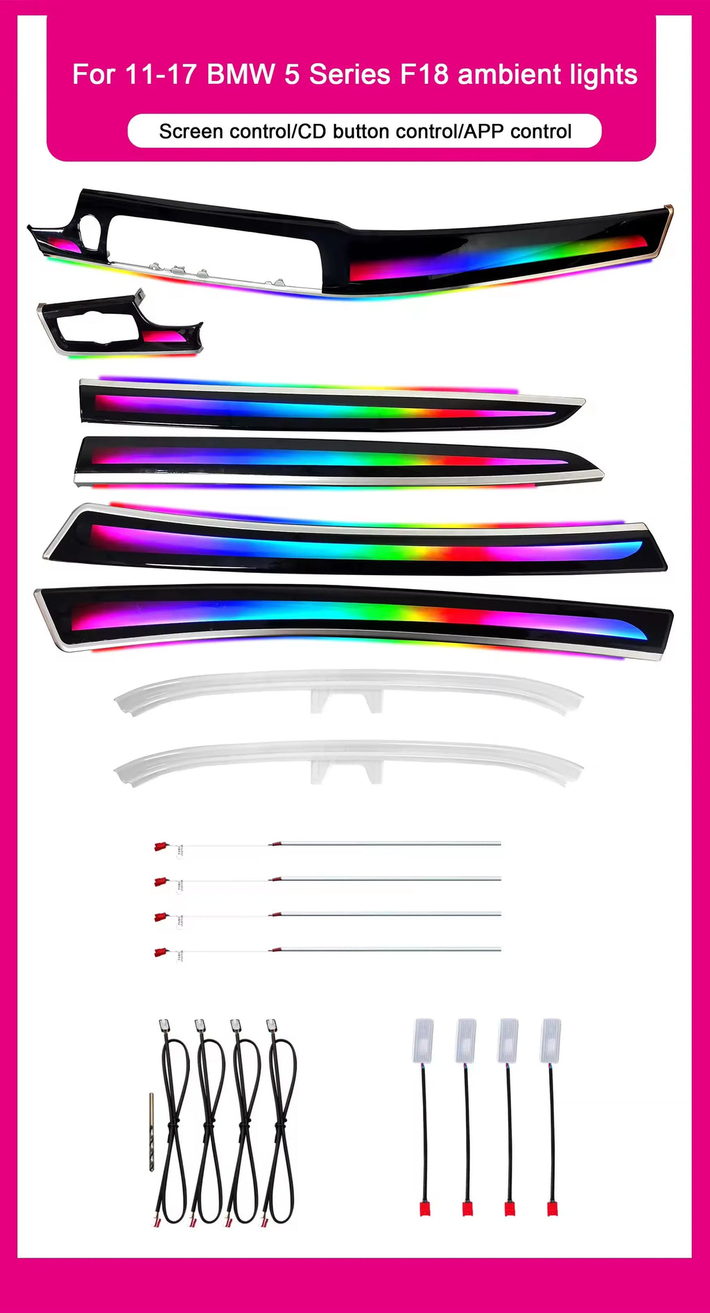 BMW 5 Series F10 / F11 / F18 Interior 64-Color Symphony Rainbow LED Ambient Light Bar Kit 2010 - 2017
