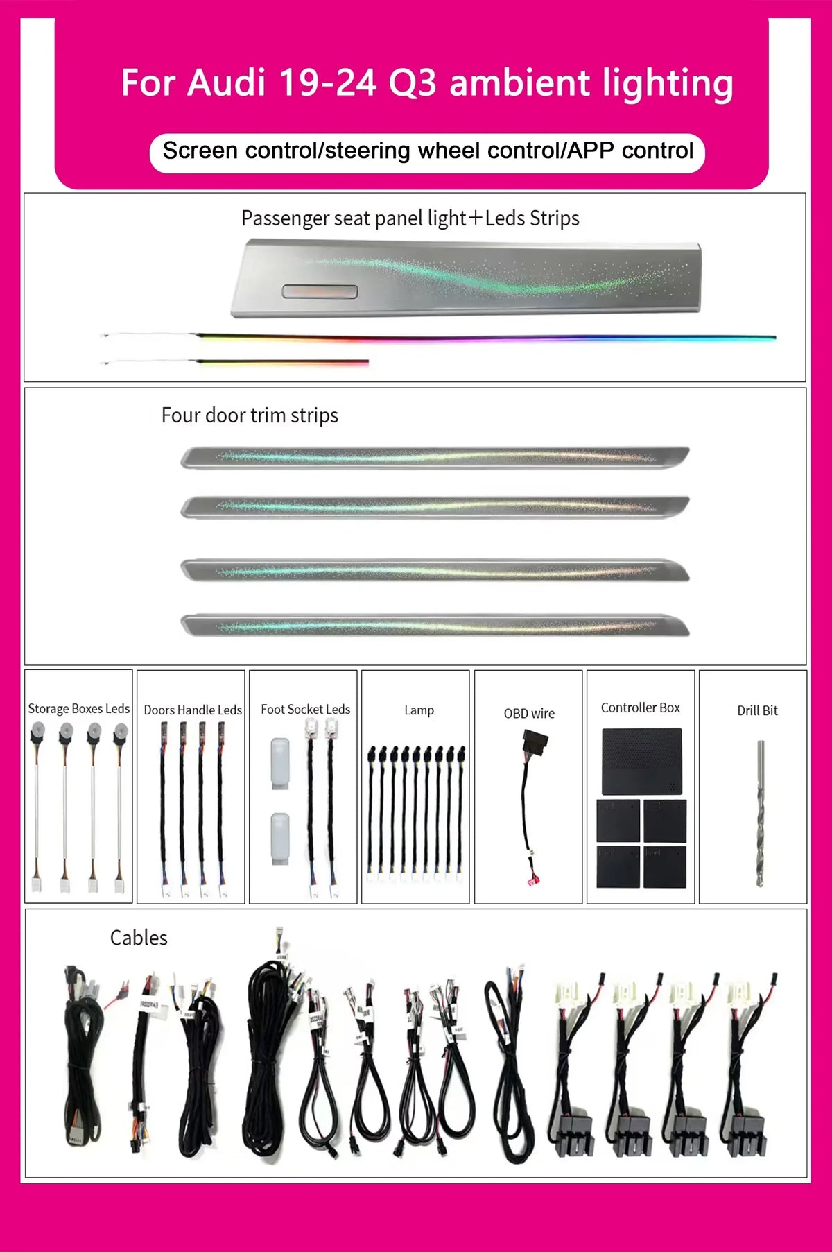 Audi Q3 Interior 64-Color Dynamic LED Ambient Light Kit 2019 - 2024