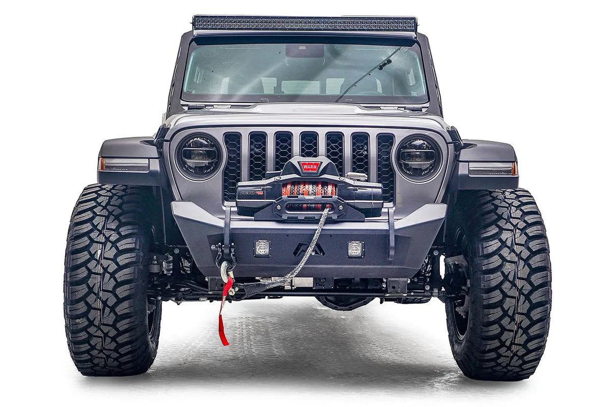 Fab Fours JL18-B4751-1 No-Guard Stubby front bumper; winch, lights and vehicle accessories shown are separate items