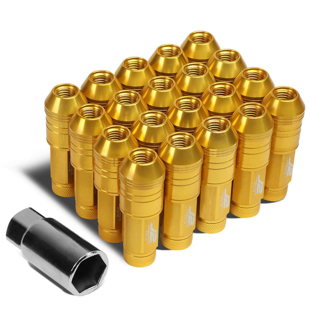 Universal Aluminum Open-End Lug Nuts 70MM M12x1.5 20PCS w/ Adapter Gold