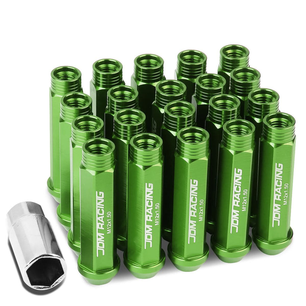 M12 x 1.5 Extended Acorn Lug Nuts 90mm Green Aluminum 20pc Set