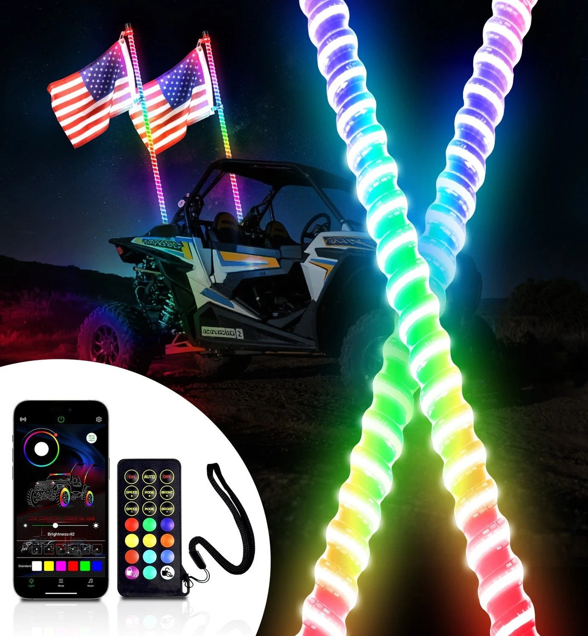 2FT-6FT RGB LED Whip Lights w/ App & Remote Control