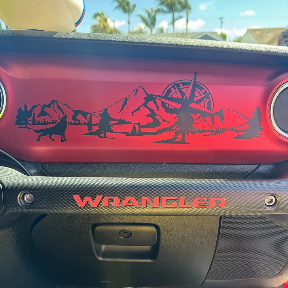 Jeep Wrangler JL & Gladiator JT Dashboard Decal – Wolf, Mountain & Compass Scene Vinyl Sticker (2018+)