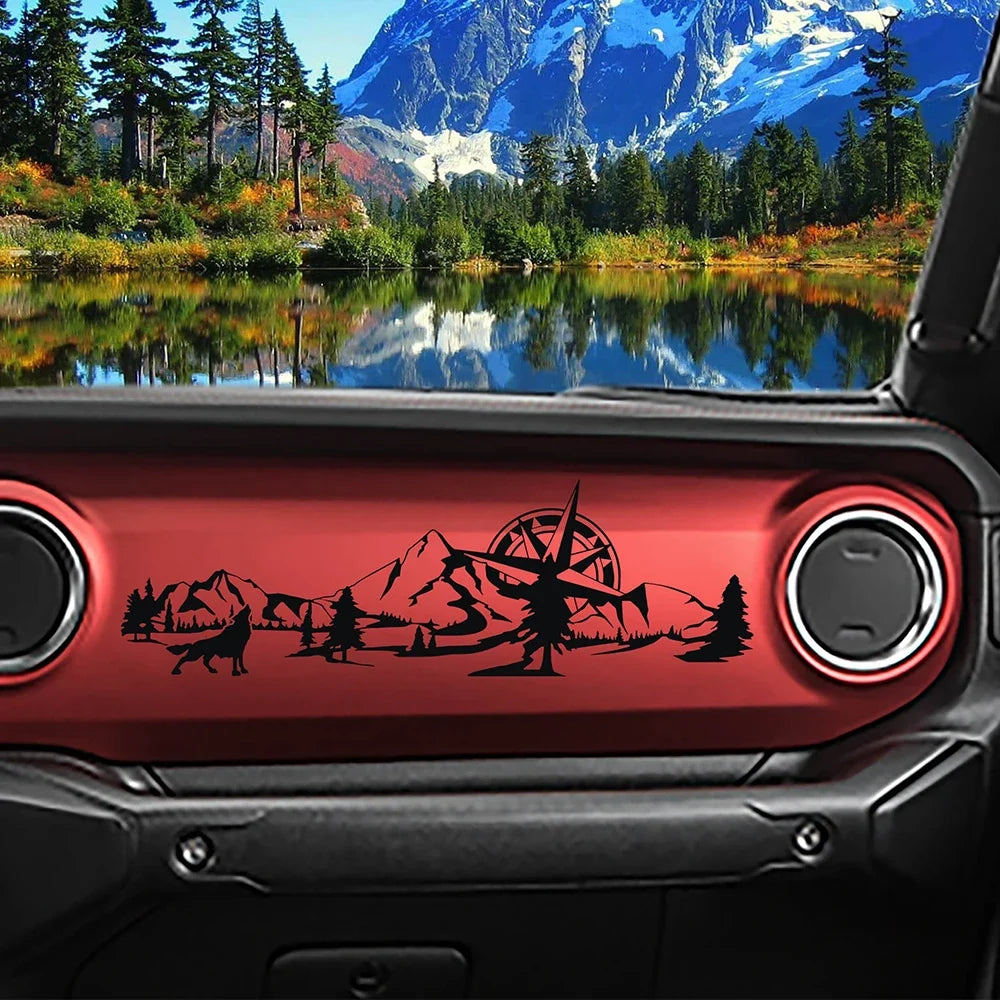 Jeep Wrangler JL & Gladiator JT Dashboard Decal – Wolf, Mountain & Compass Scene Vinyl Sticker (2018+)