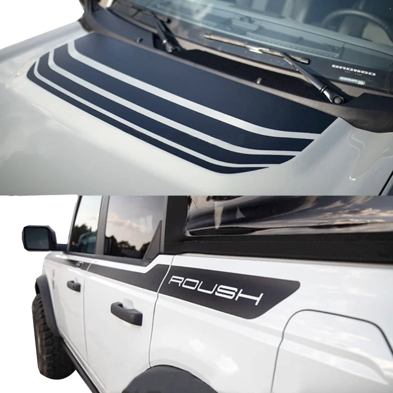 Matte Black Roush-Style Hood & Waistline Stripe Decal for Ford Bronco 4-Door | Precut Vinyl Overlay