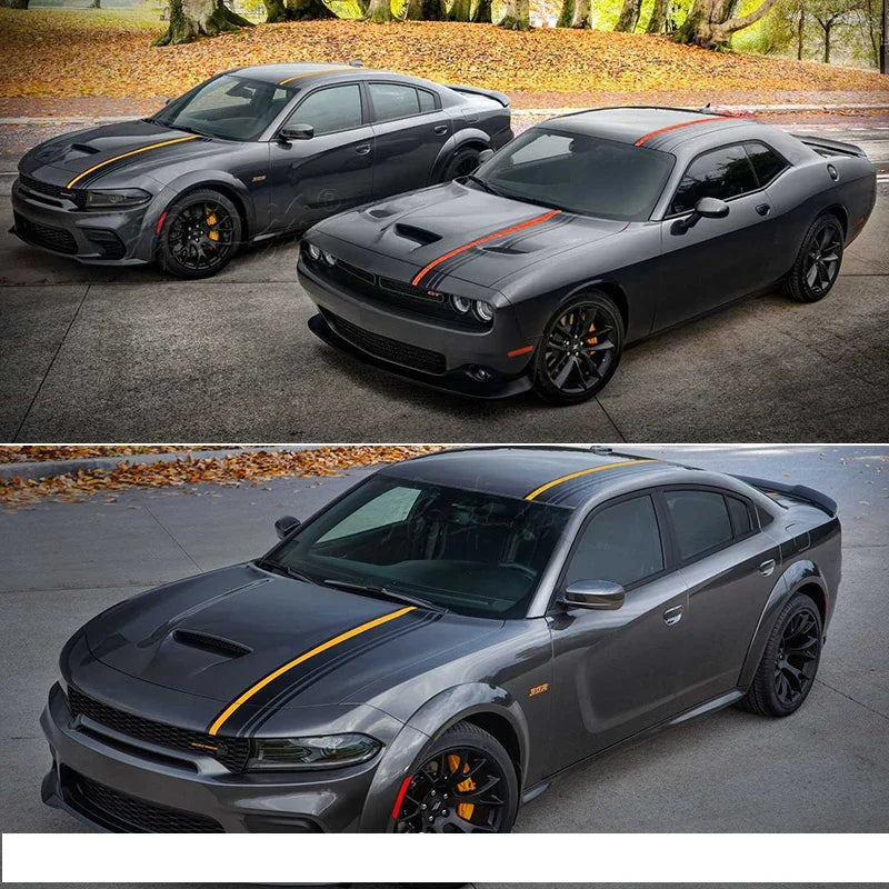 Dodge Challenger & Charger Full Racing Stripe Decal Kit – Hood, Roof & Tail Wrap | Demon-Style Sport Graphic | Style A or B
