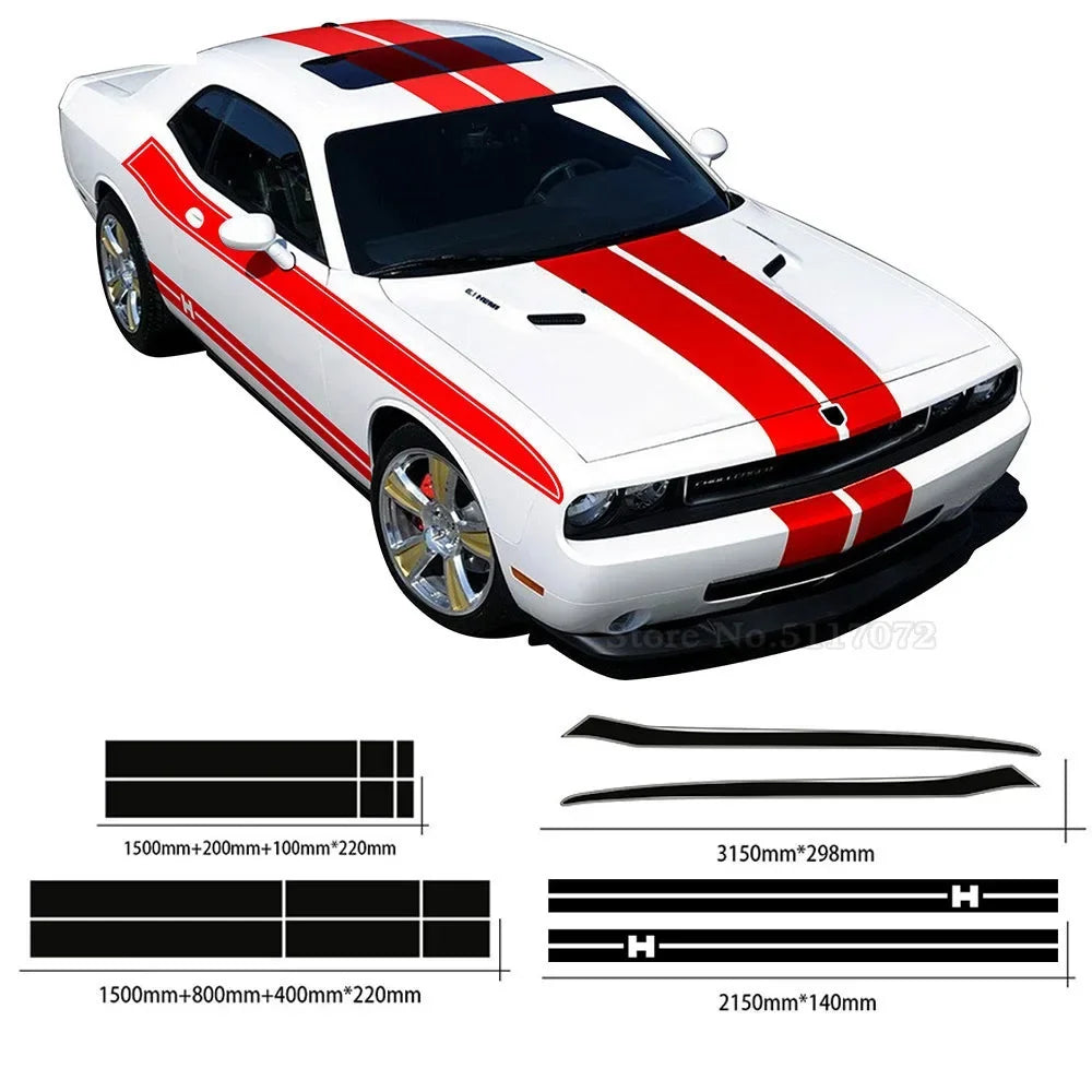 Full-Coverage Racing Stripe Kit | Door Side, Hood, Rear, Waistline & Skirt Vinyl Decal