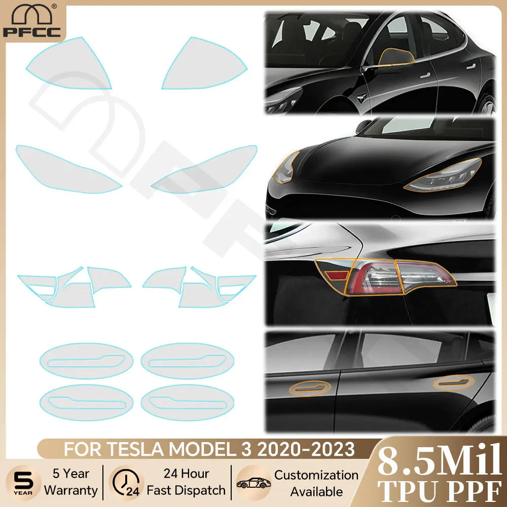 Precut PPF for Tesla Model 3 (2020–2023) | TPU Headlight, Mirror, Door Handle & Tail Light Film