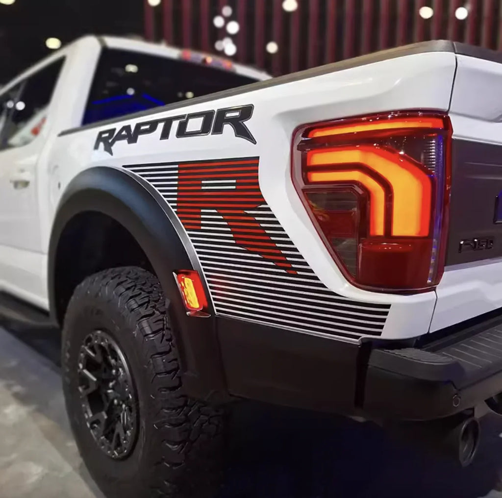 Sport R Bedside & Hood Stripe Decal Kit for Ford F-150 Raptor (2024) | Matte Black + Red Precut Vinyl