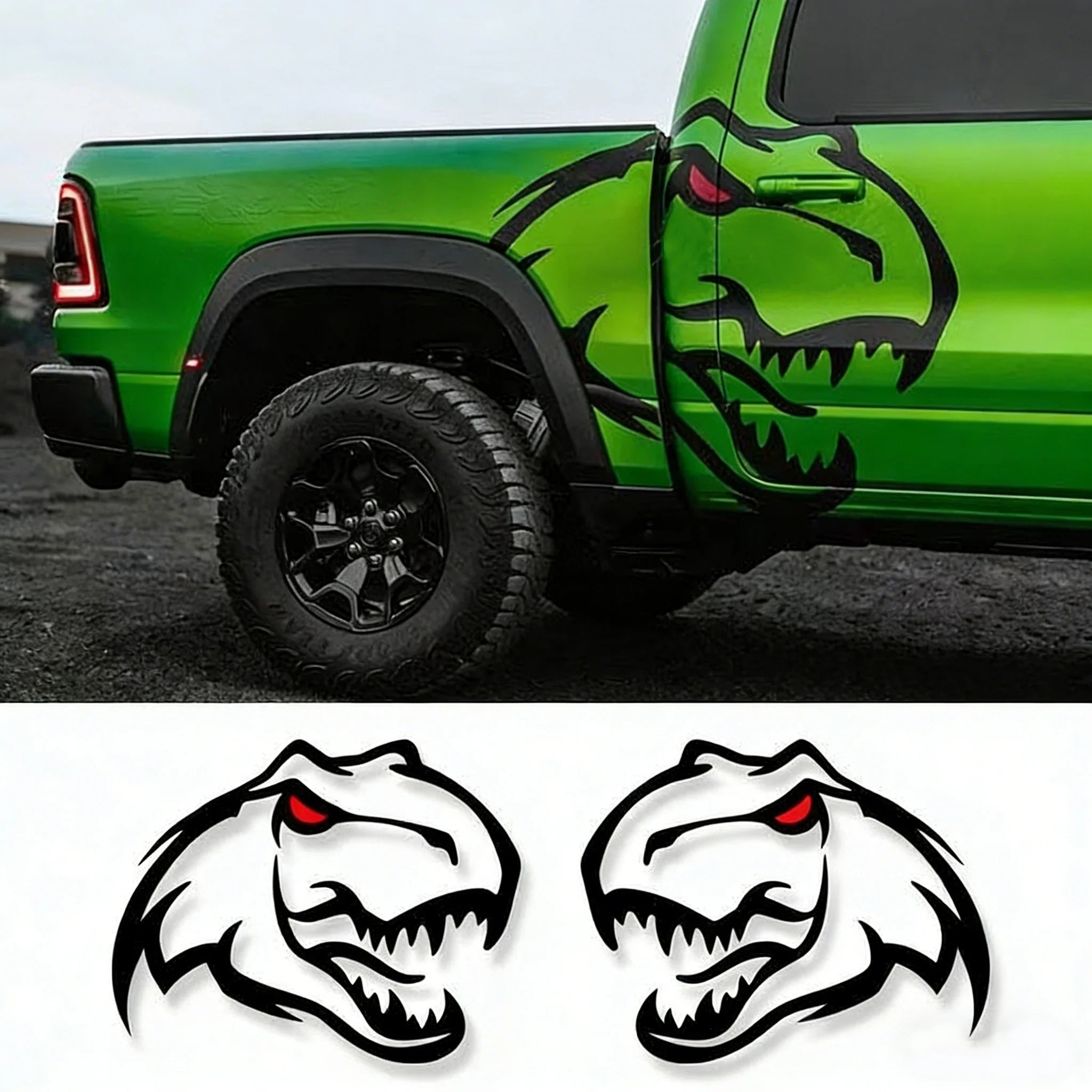 Ferocious Dinosaur Head Body Decal – Large Format Vinyl Sticker for Dodge Challenger & RAM TRX | Both Sides, Black