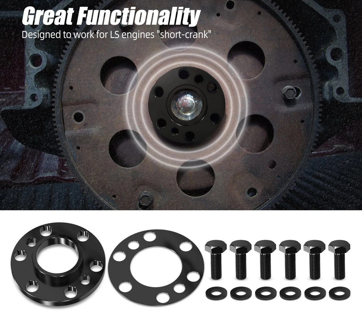 LS Short Crank Flexplate Spacer with Bolts for LS1 / LS2 / LS3 / LS6 / LS7 & GM 5.3L / 5.7L / 6.0L / 6.2L to SBC Transmission Adapter (Replaces 12563532 / 12563533)