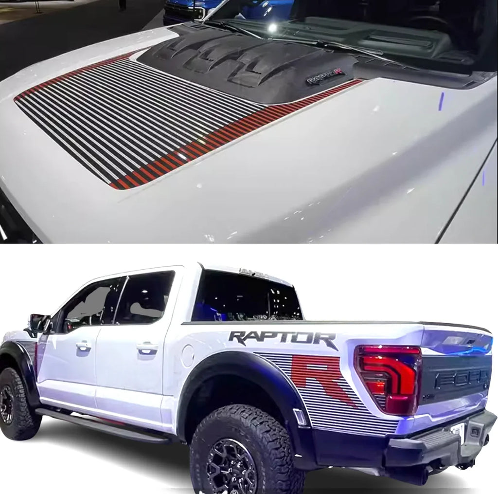 Sport R Bedside & Hood Stripe Decal Kit for Ford F-150 Raptor (2024) | Matte Black + Red Precut Vinyl