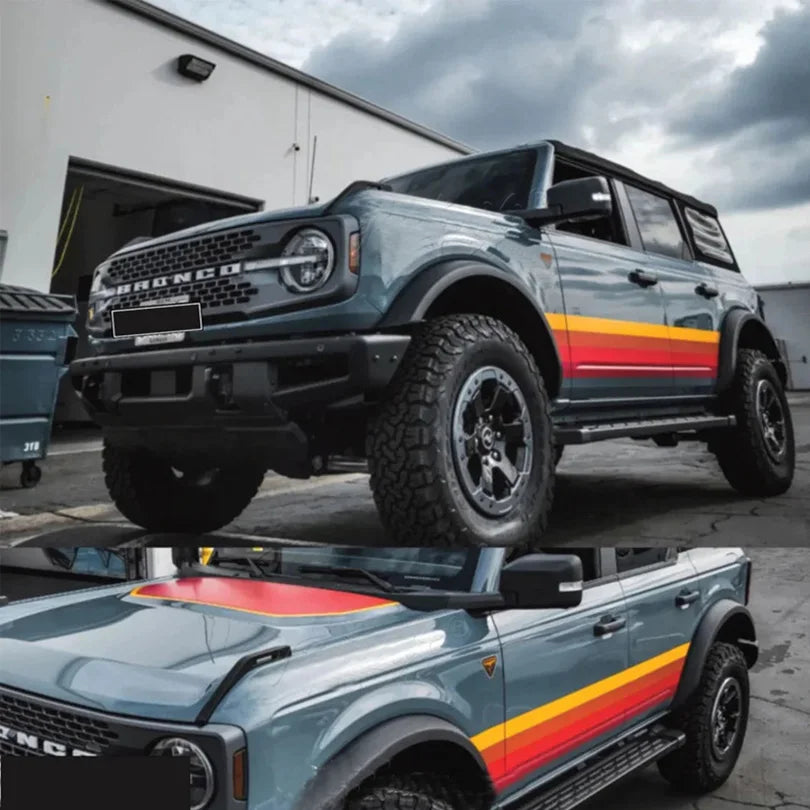 Retro Sunset Hood & Waistline Stripe Decal for Ford Bronco (2021–2023) | Custom Vinyl Wrap Graphics