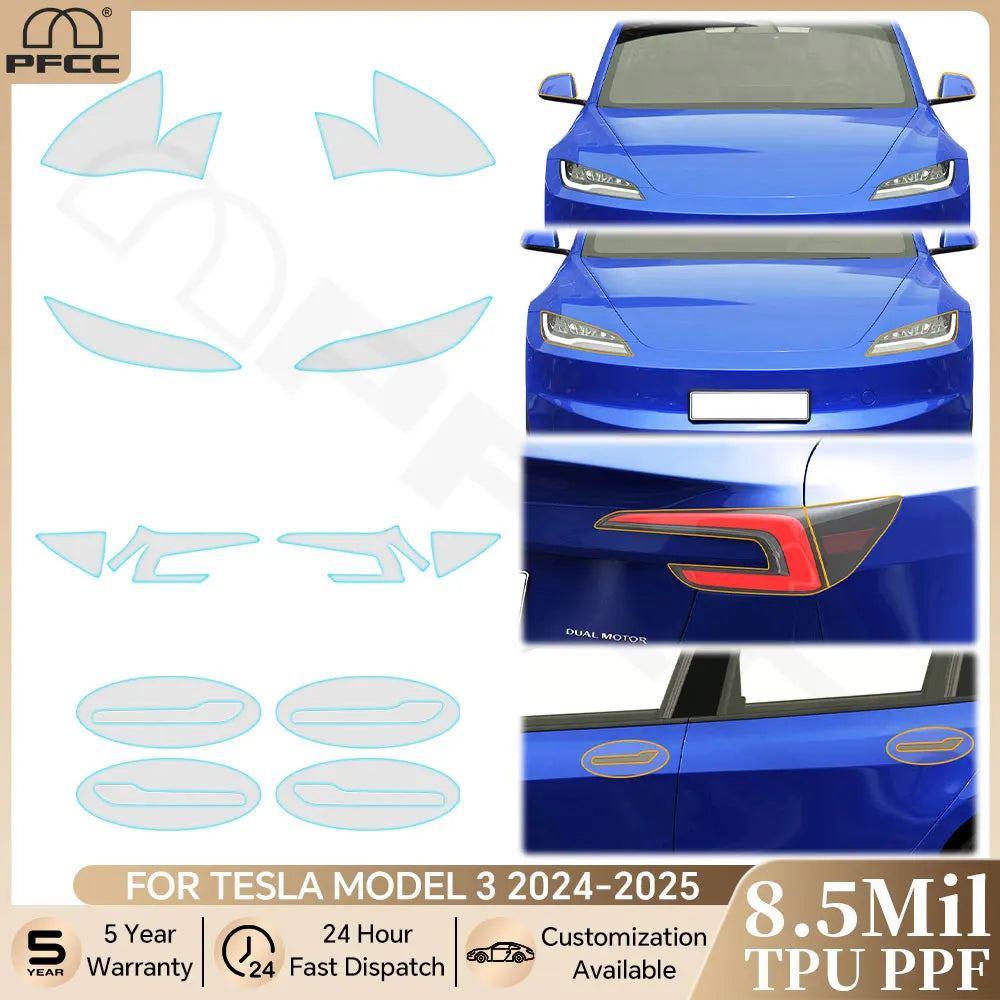 Precut PPF Clear Bra for Tesla Model 3 Highland (2024–2025) | TPU Headlight, Mirror & Door Handle