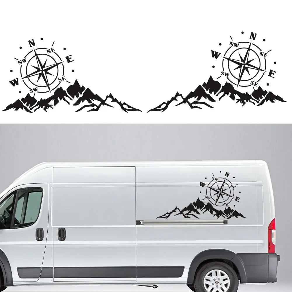 Mountain Adventurers Compass Graphic Decal | 2-Piece Vinyl Sticker for RV, Camper, Truck & Car