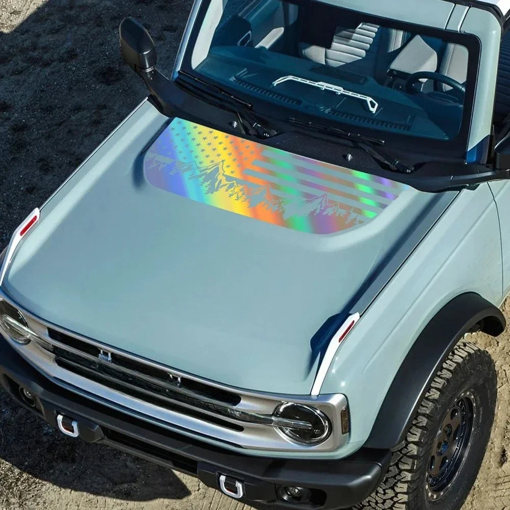 USA Flag Mountain & Tree Hood Bonnet Decal for Ford Bronco | Styling Vinyl Sticker