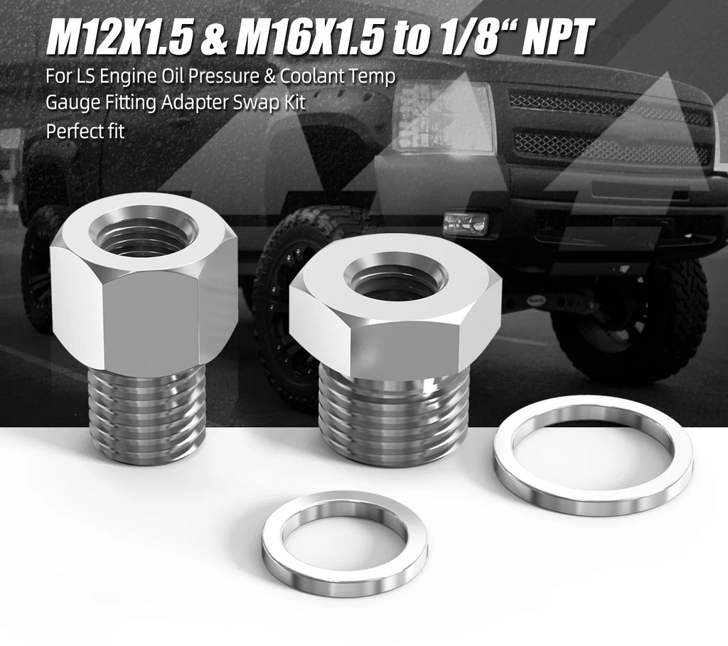 LS Engine Stainless Steel Oil Pressure & Coolant Temp Gauge Adapter Kit for LS1 / LS2 / LS3 / LS7 Swap (M12 x 1.5 & M16 x 1.5 to 1/8" NPT)