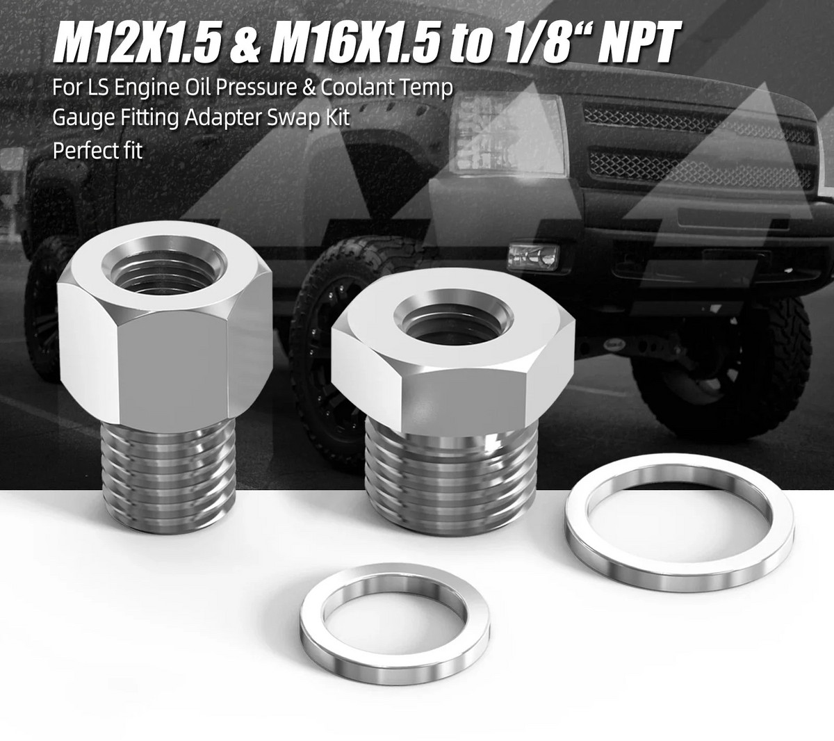 LS Engine Stainless Steel Oil Pressure & Coolant Temp Gauge Adapter Kit for LS1 / LS2 / LS3 / LS7 Swap (M12 x 1.5 & M16 x 1.5 to 1/8" NPT)