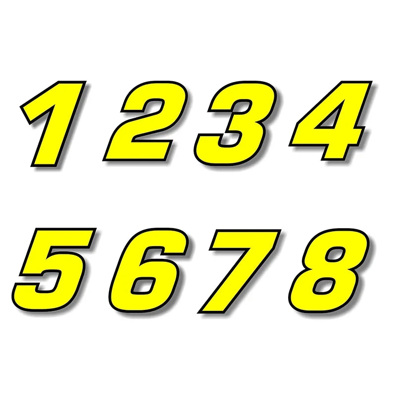 F155 Individual Number Vinyl Sticker – Yellow with Black Border | Digits 0–9 | 2 Sizes | Car, Motorcycle & Helmet