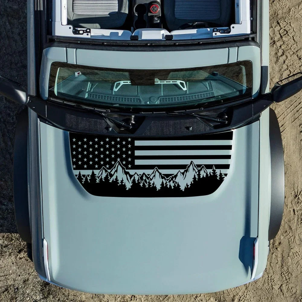 USA Flag Mountain & Tree Hood Bonnet Decal for Ford Bronco | Styling Vinyl Sticker