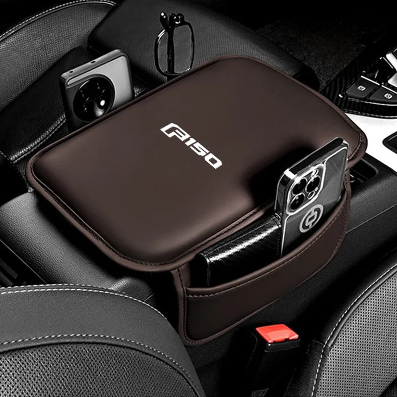 Leather Center Console Armrest Pad & Storage Pocket for Ford F-150 | Brown / Black / Red