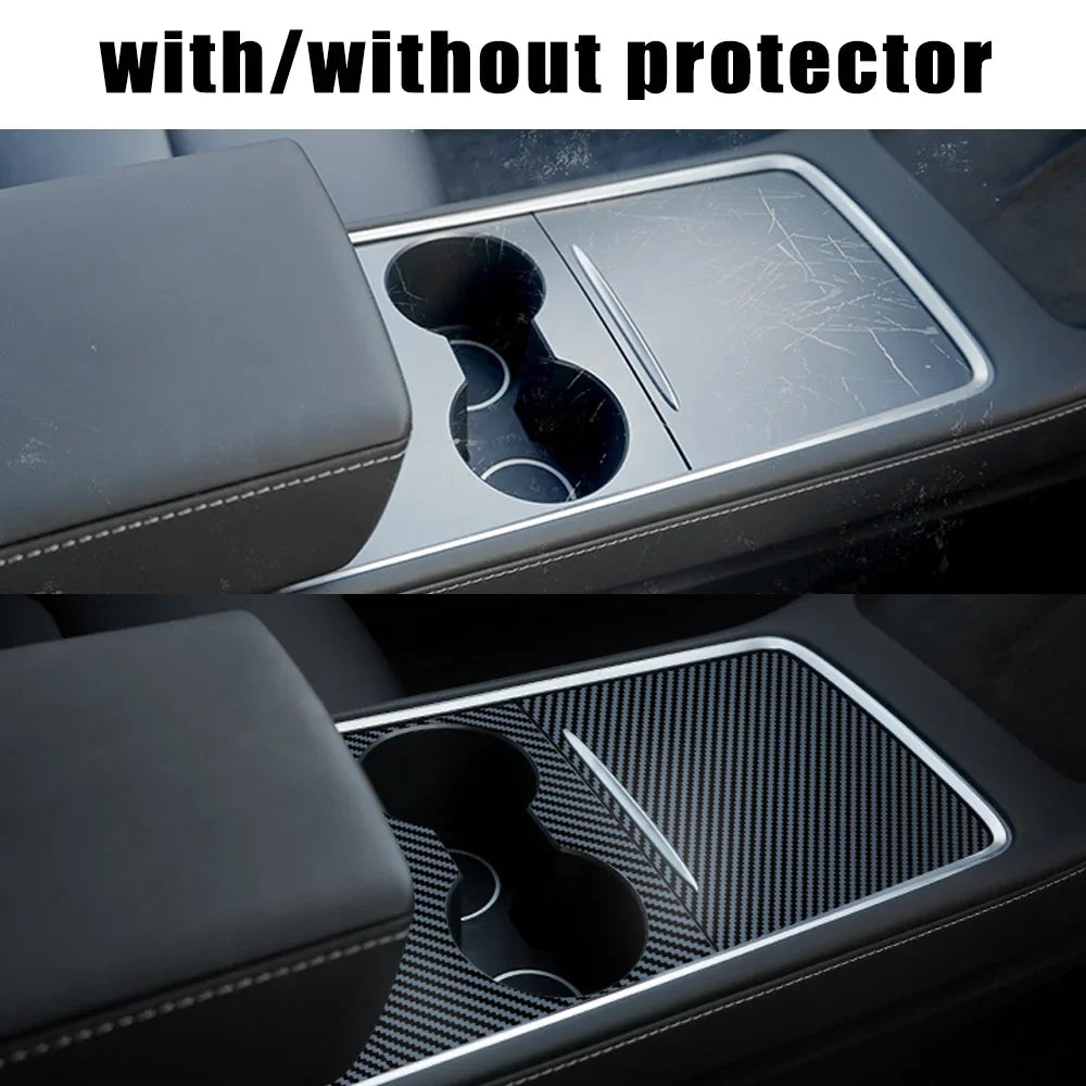 Center Console Panel Sticker for Tesla Model 3 / Model Y (2021–2023) | Wood Grain & Carbon Fiber Film