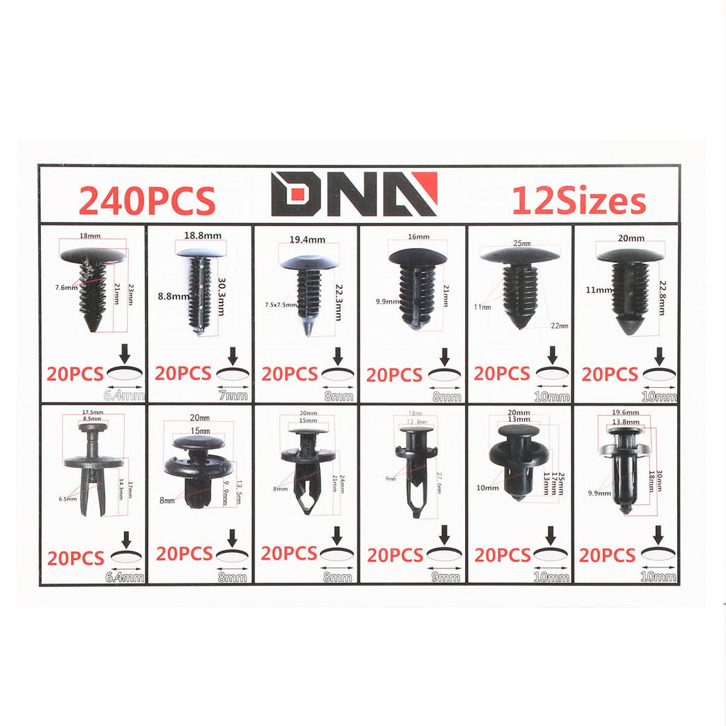 240pc Plastic Clips Kit w/ Removal Tool - 12 Sizes Black